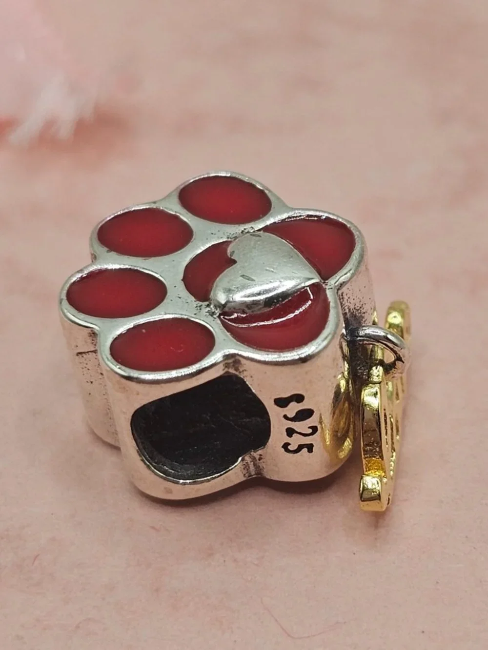 Sterling Silver 925 Rhodium Plated Red Paw with Heart and Dangling Love Charm